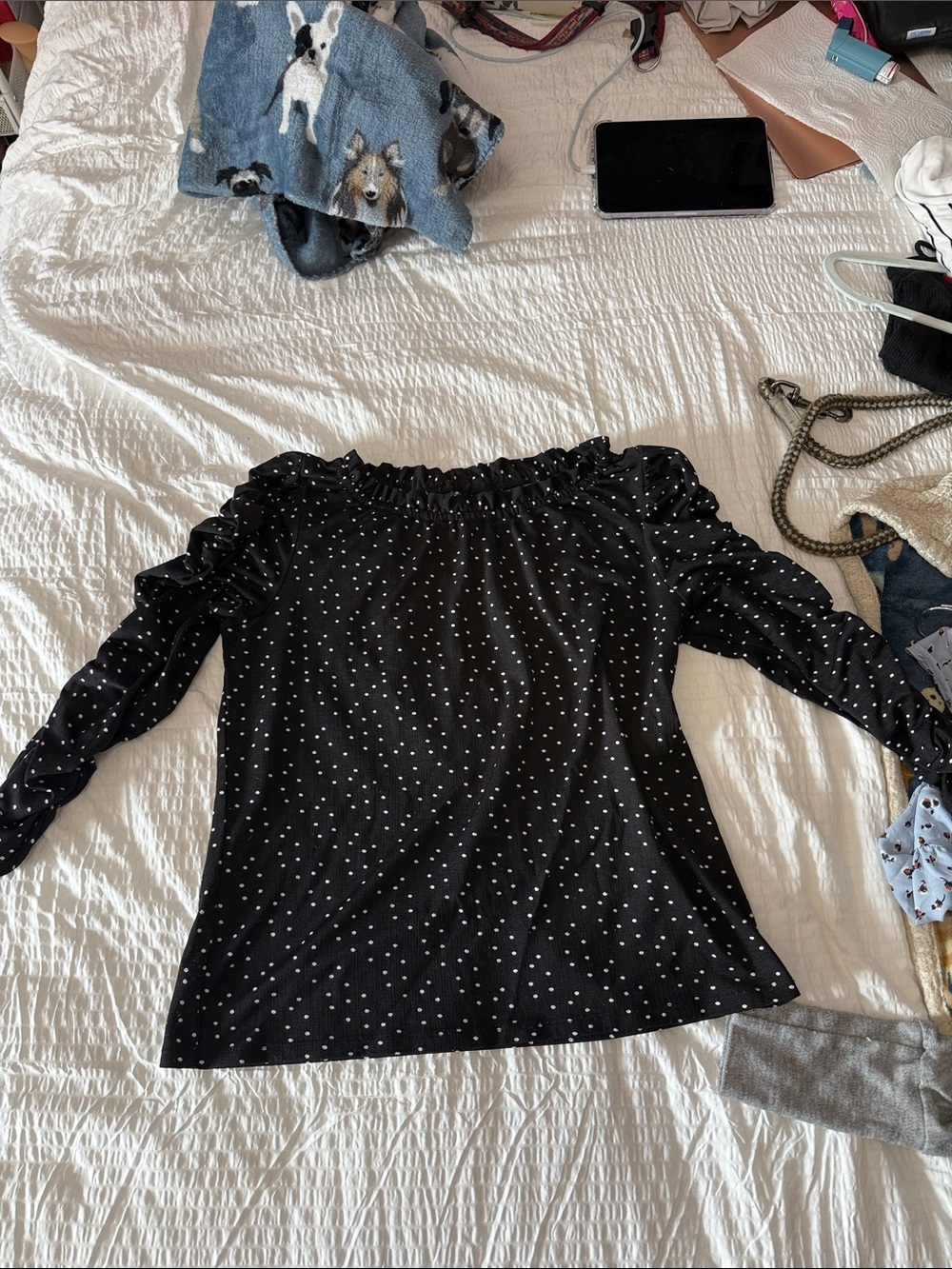 Max Studio Black Polka Dot Ruffle Off-Shoulder Blouse
